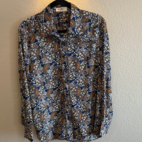 NATURAL LIFE Navy and Brown Paisley Pearl Snap Shirt/ Size Large - Picture 1 of 10